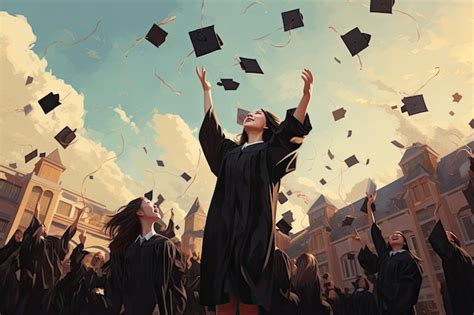 Estudiantes Felices Lanzando Gorras De Graduación Al Aire Educación Y