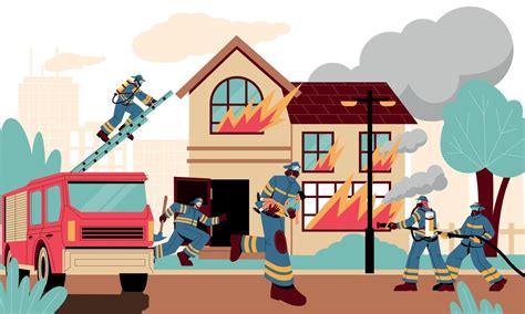 Firefighters At Burning House Fireman Characters Extinguish Fire