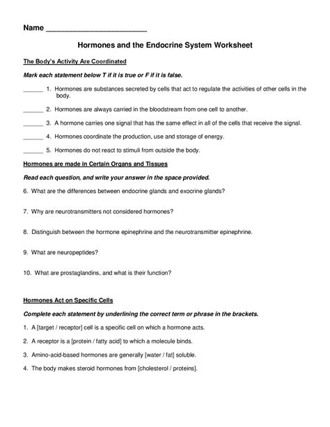 Hormones and the Endocrine System Worksheet with Structure | Exercises
