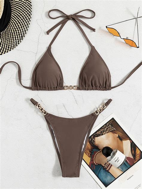 SHEIN Swim SXY Solid Bikini Set Chain Linked Micro Triangle Bra Thong Bottom 2 Piece Bathing