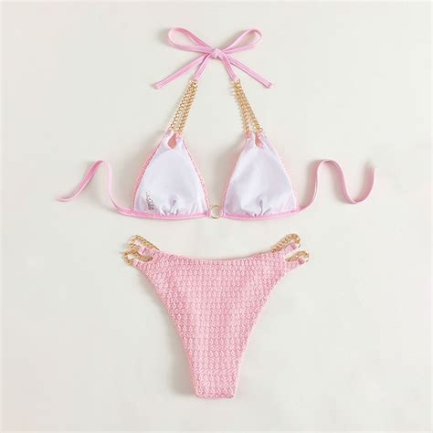 F068 Solid Chain Pleated Two Piece Bikini Green Aeistiva Avenue