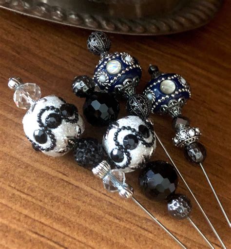 Victorian Style Six Inch Hat Pins Black And White Navy Blue Glass