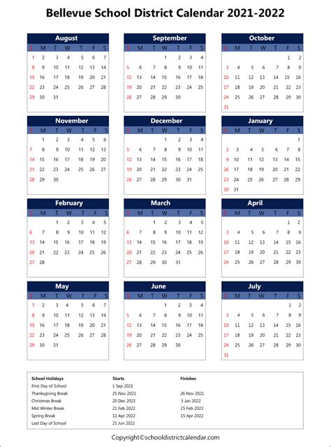 Bellevue School District Calendar Holidays 2021-2022