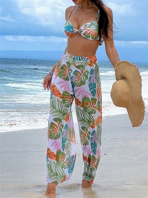 Buy Plus Curvves Tropical Printed Bikini Swimwear Set With Cover Up Pants Swimwear For Women
