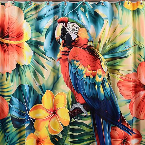 Colorful Macaw Parrot On Exotic Floral Shower Curtain Tropical Bird