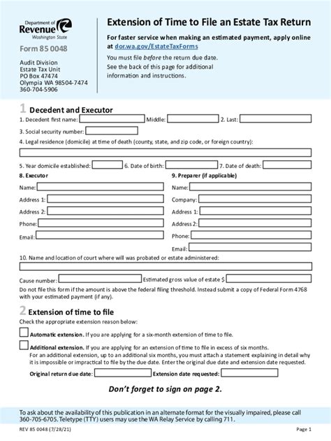 Fillable Online Dor Wa Application For Extension Of Time To File A