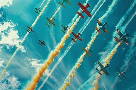 Premium Photo A Group Of Planes Flying In A Blue Sky With Smoke Trails