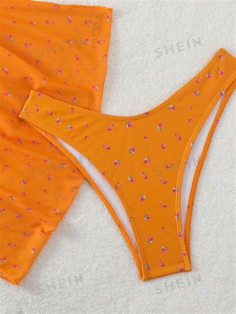 Shein Swim Mod Women S Summer Beach Ditsy Floral Orange Sexy Bikini Set With Cover Up Skirt
