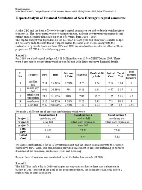 report analysis  financial simulation  capital budgeting net