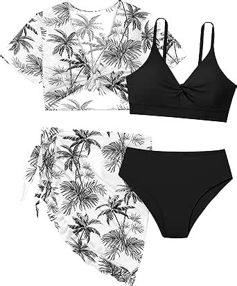 Amazon Girls Swimsuit 4 Piece Tropical Print Bikini Set Twist Criss Cross Bathing Suit With