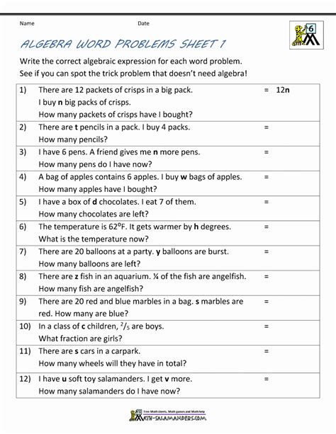 feuilles de travail sur les expressions algébriques de base - Observer