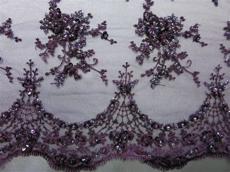 Eggplant Purple Floral Embroidered Beaded Lace Sequin Mesh Fabric By