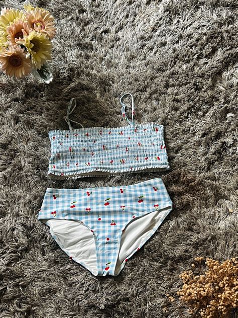 BLUE GINGHAM PATTERN WITH RED CHERRIES BIKINI SET Women S Fashion Swimwear Bikinis