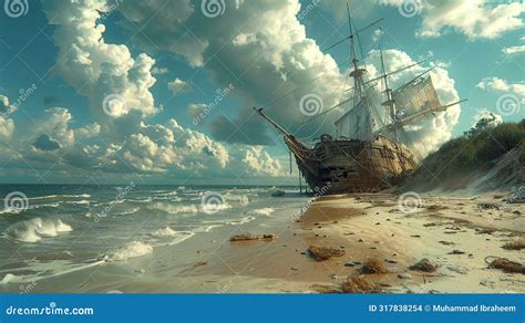 A Beach With A Shipwreck Partially Buried In The Sand A Reminder Of