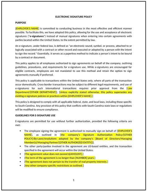 Electronic signature policy (South Carolina): Free template