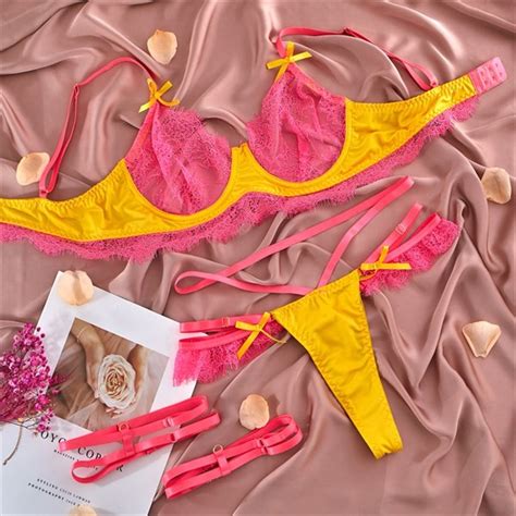 Black Piece Cut Out Bow Lingerie Set Satin Cute Erotic Set Solid Brief Underwear Set Nightwear