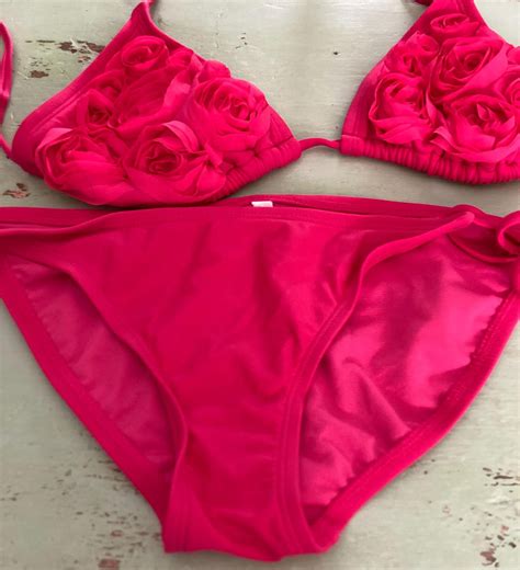 Barbiecore Hot PINK Pc Roses BIKINI Set With Ties Sz L Xl Sale Etsy