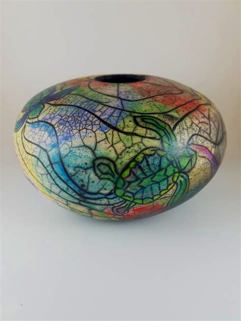 Etched Naked Raku Kiln Glow Pottery