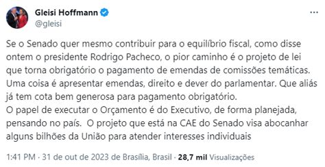 Gleisi Hoffmann Volta A Disparar Cr Ticas Contra Rodrigo Pacheco