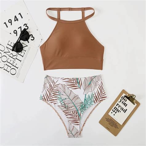 Summer Women S Split High Waist Leaf Print Bikini Swimwear Swimwear