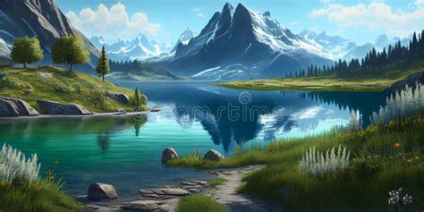 Mountain Landscape Lake And Mountain Range Large Panorama Ai