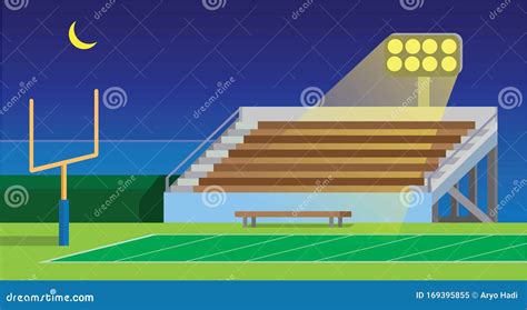 American Football School Collage Amateur Stadium Field In Night Flat