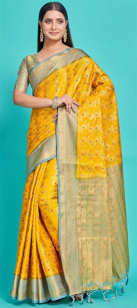 Bridal Traditional Wedding Yellow Color Kanjeevaram Silk Fabric Saree