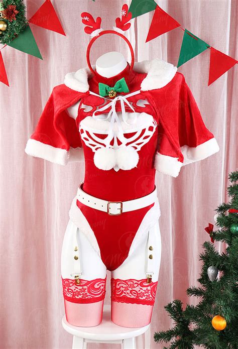 Christmas Sexy Lingerie Set B Derivative Red Bodysuit With Short Cape And Gloves Thigh Socks