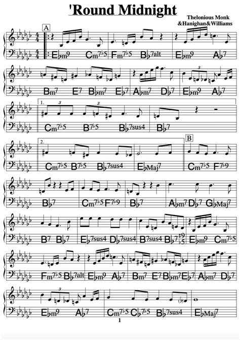 Piano Chords For Round Midnight By Thelonious Monk