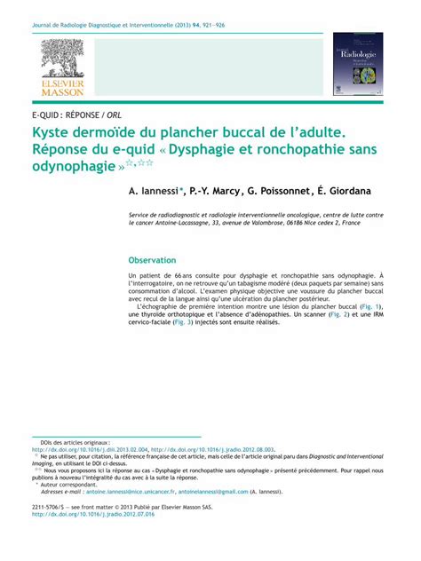 Pdf Kyste Dermo De Du Plancher Buccal De Ladulte La Loge Sous