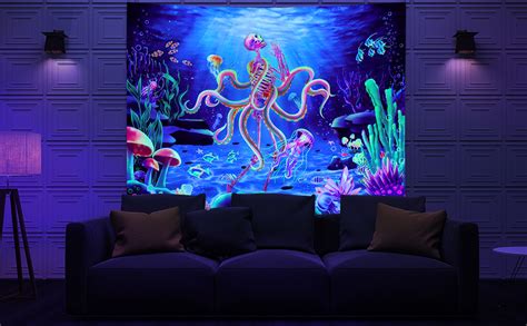 Galoker Blacklight Skeleton Tapestry Trippy Octopus