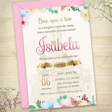 Princess Kingdom Invitation Pink Castle Queen Invite Watercolor