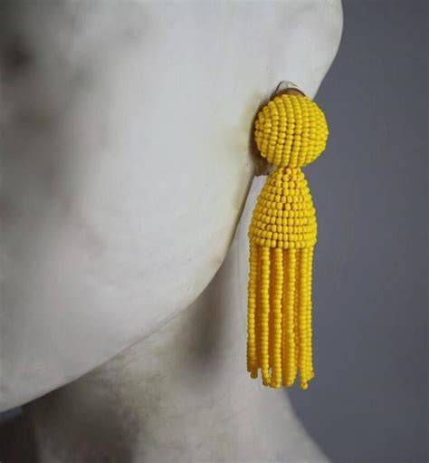 Oscar De La Renta Yellow Short Beaded Tassel Earrings For Sale At