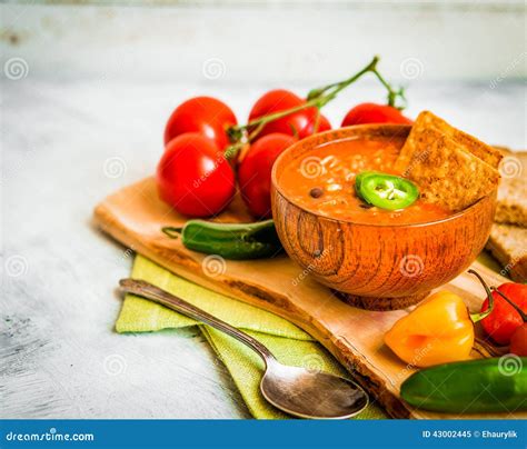 Hot And Spicy Fresh Made Mexican Chili Soup On Rustic Background Stock Image Image Of Lunch