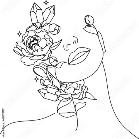 Minimal Line Art Woman With Flowers Poster One Line Drawing Flower