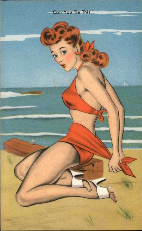 PINUP PIN UP BATHING BEAUTY Redhead In Red Bikini COMIC Old Postcard Topics Risque Women
