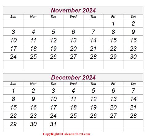 December 2024 November 2024 Calendar Vally Isahella