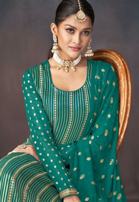 Embroidered Georgette Pakistani Suit In Teal Green KCH9644