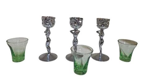 Drinking Glasses Stemware SET OF ART DECO CHROME NUDE LADY STEM