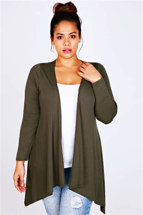 Khaki Edge To Edge Waterfall Cardigan Plus Size Shrugs Plus Size