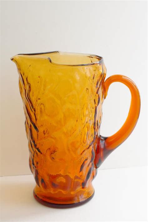 Seneca Driftwood Amber Glass Pitcher Mod Vintage Crinkled And Wrinkled Textured Glass