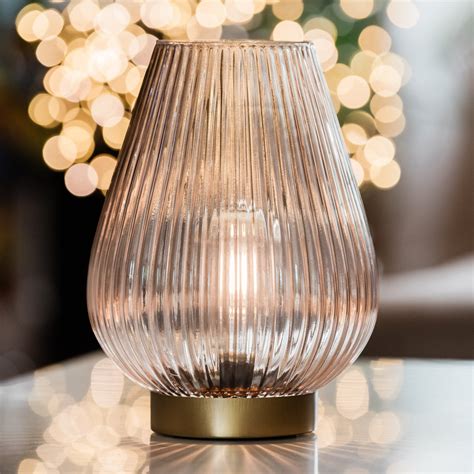 Cordless Blush Pink Glass Fluted Ribbed Battery Lamp