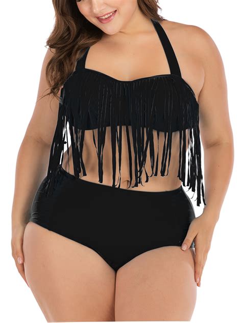 LELINTA Women S Two Piece Braided Fringe Top High Waist Bottoms Bikini Set Swimwear Plus Size