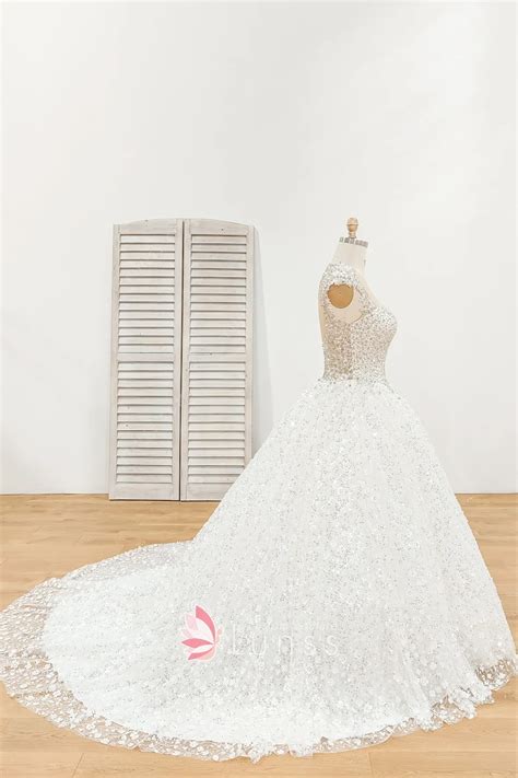 Heavily Beaded Queen Anne Neck Sparkly Bridal Ball Gown - Lunss