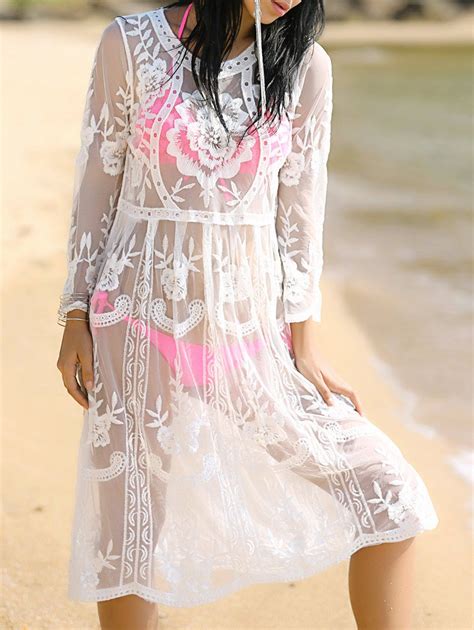 White One Size Fit Size Xs To M Sheer Lace Beach Cover Up Dress