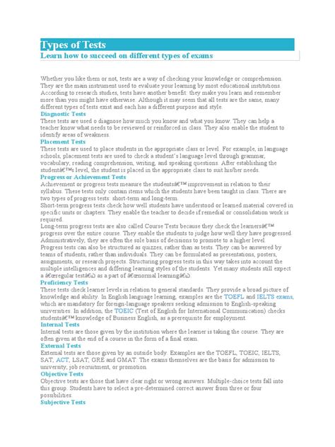 Types of Tests: Learn How To Succeed On Different Types of Exams | PDF ...