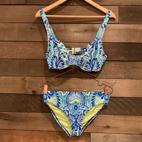 Title Nine Swim Title Nine Womens Green Blue Paisley Print Piece Skirted Bikini Swim Set