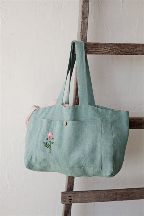 Linen Bag Linen Tote Bag Rose Embroidery Green Linen Bag Etsy