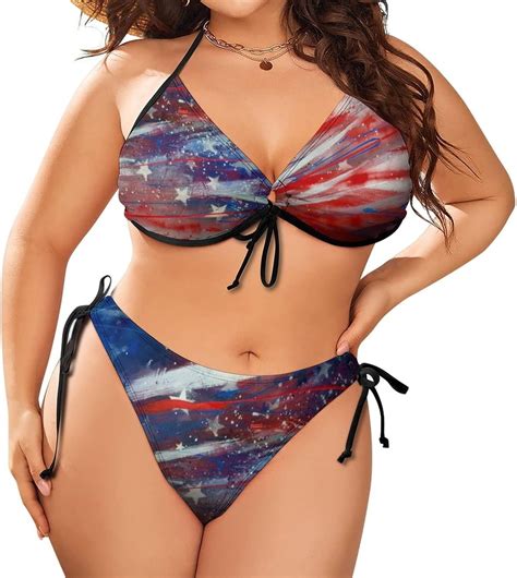 Nicksun Women S Two Piece Plus Size Swimsuit American Flag Halter String Triangle Bikini Bathing