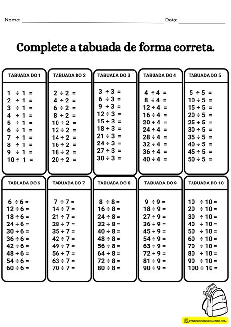 Atividade Complete A Tabuada De Divisão Ponto Do Conhecimento